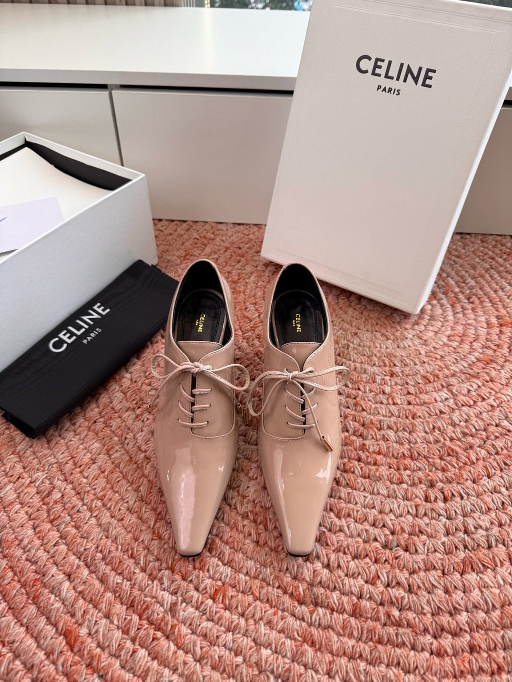 CELINE 26S LACE UP POINTED TOE PUMPS IN BLUSH NUDE PATENT CALFSKIN