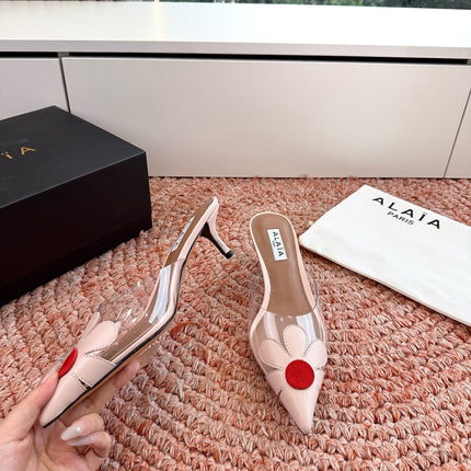 ALAIA 26S POINTED-TOE MULE HEELS IN NUDE PINK LAMBSKIN AND TRANSPARENT PVC