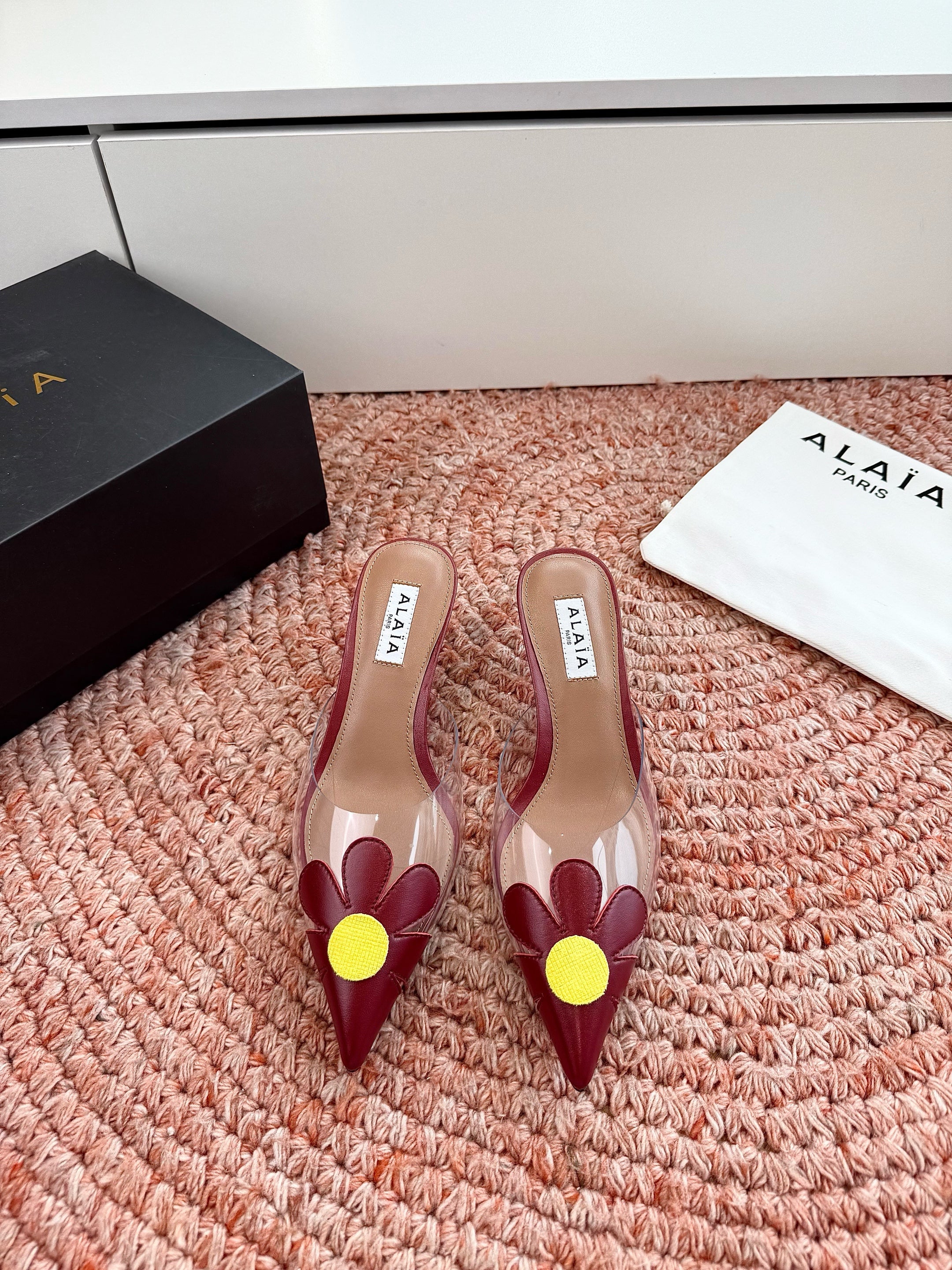ALAIA 26S POINTED-TOE MULE HEELS IN DARK RED LAMBSKIN AND TRANSPARENT PVC