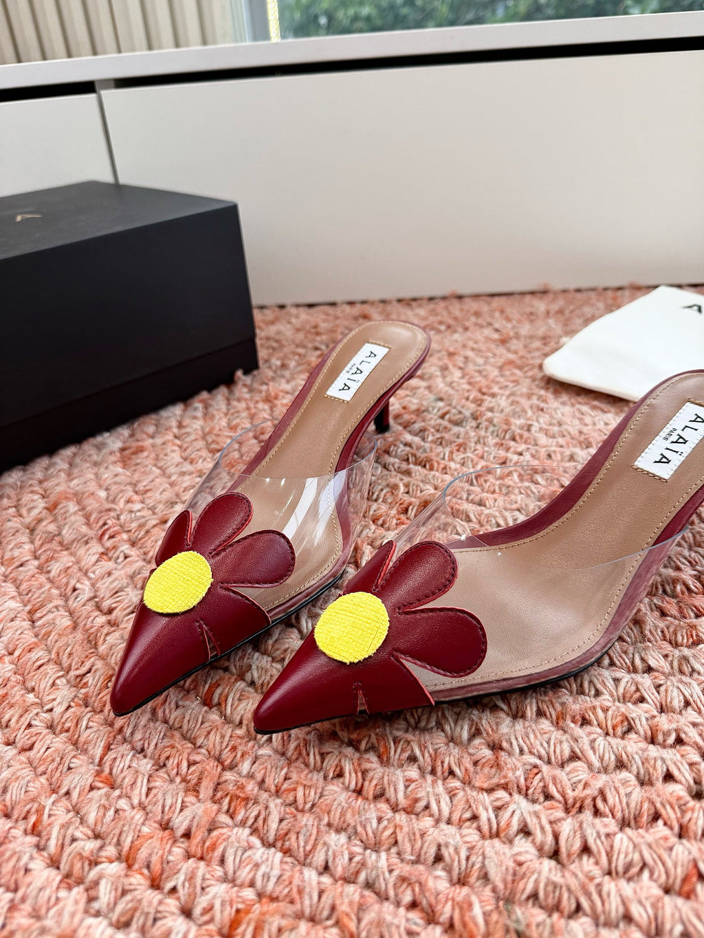 ALAIA 26S POINTED-TOE MULE HEELS IN DARK RED LAMBSKIN AND TRANSPARENT PVC