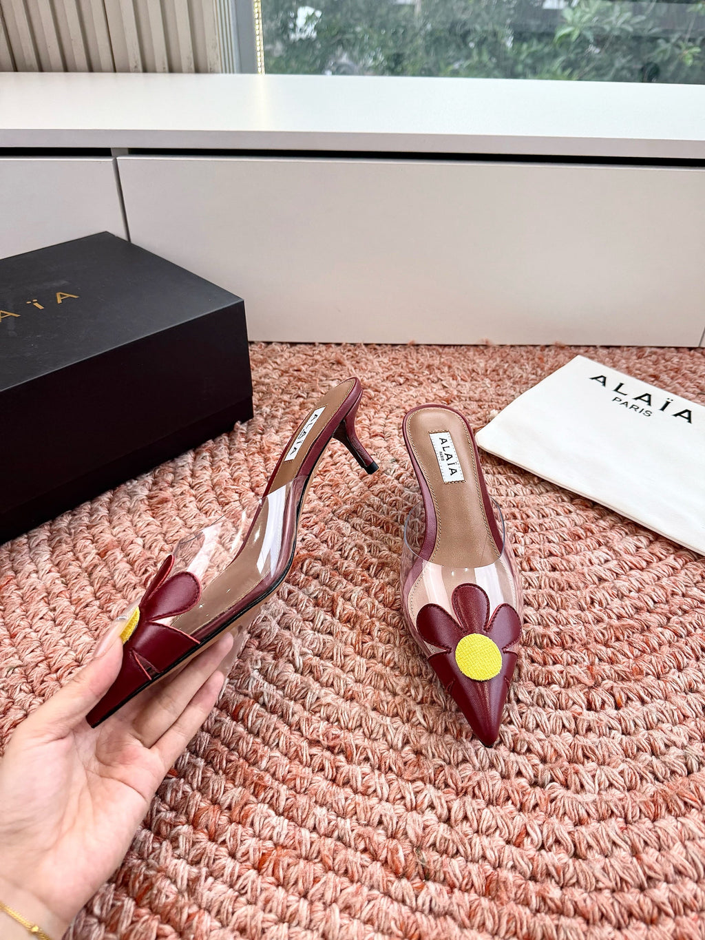 ALAIA 26S POINTED-TOE MULE HEELS IN DARK RED LAMBSKIN AND TRANSPARENT PVC