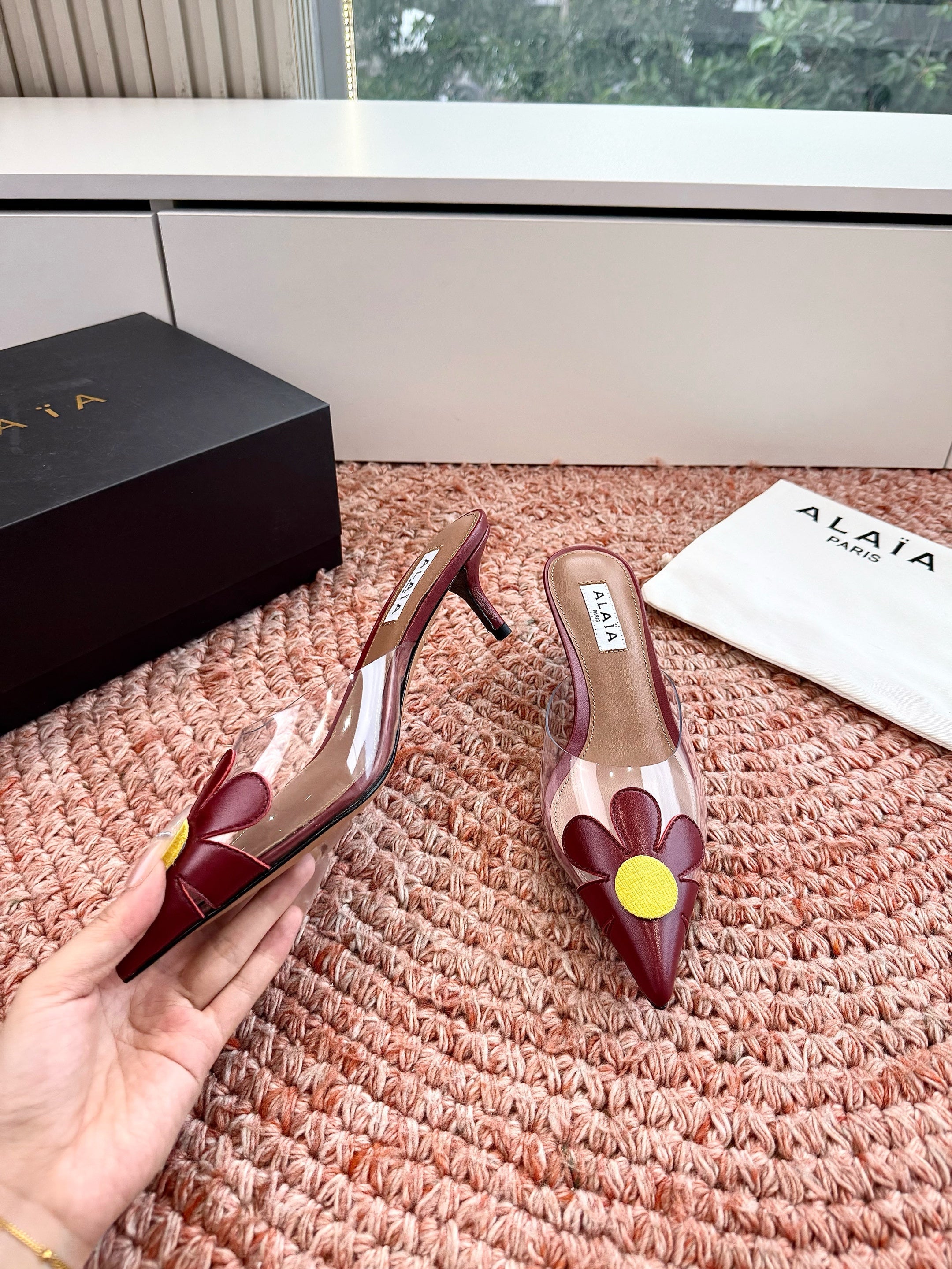 ALAIA 26S POINTED-TOE MULE HEELS IN DARK RED LAMBSKIN AND TRANSPARENT PVC