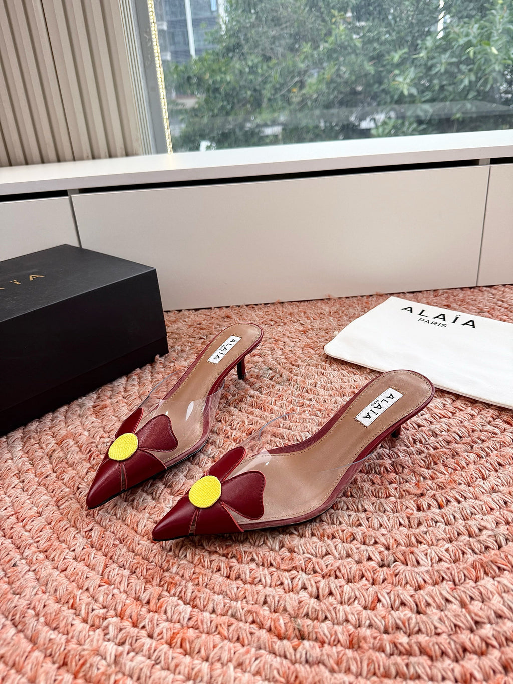 ALAIA 26S MULE HEELS IN DARK RED LAMBSKIN AND TRANSPARENT PVC