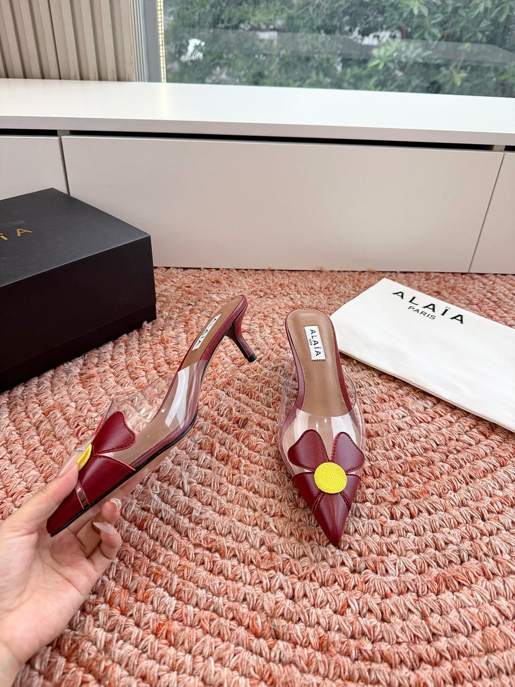 ALAIA 26S MULE HEELS IN DARK RED LAMBSKIN AND TRANSPARENT PVC