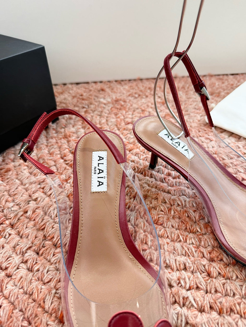 ALAIA 26S POINTED-TOE SLINGBACK HEELS IN DARK RED LAMBSKIN AND TRANSPARENT PVC
