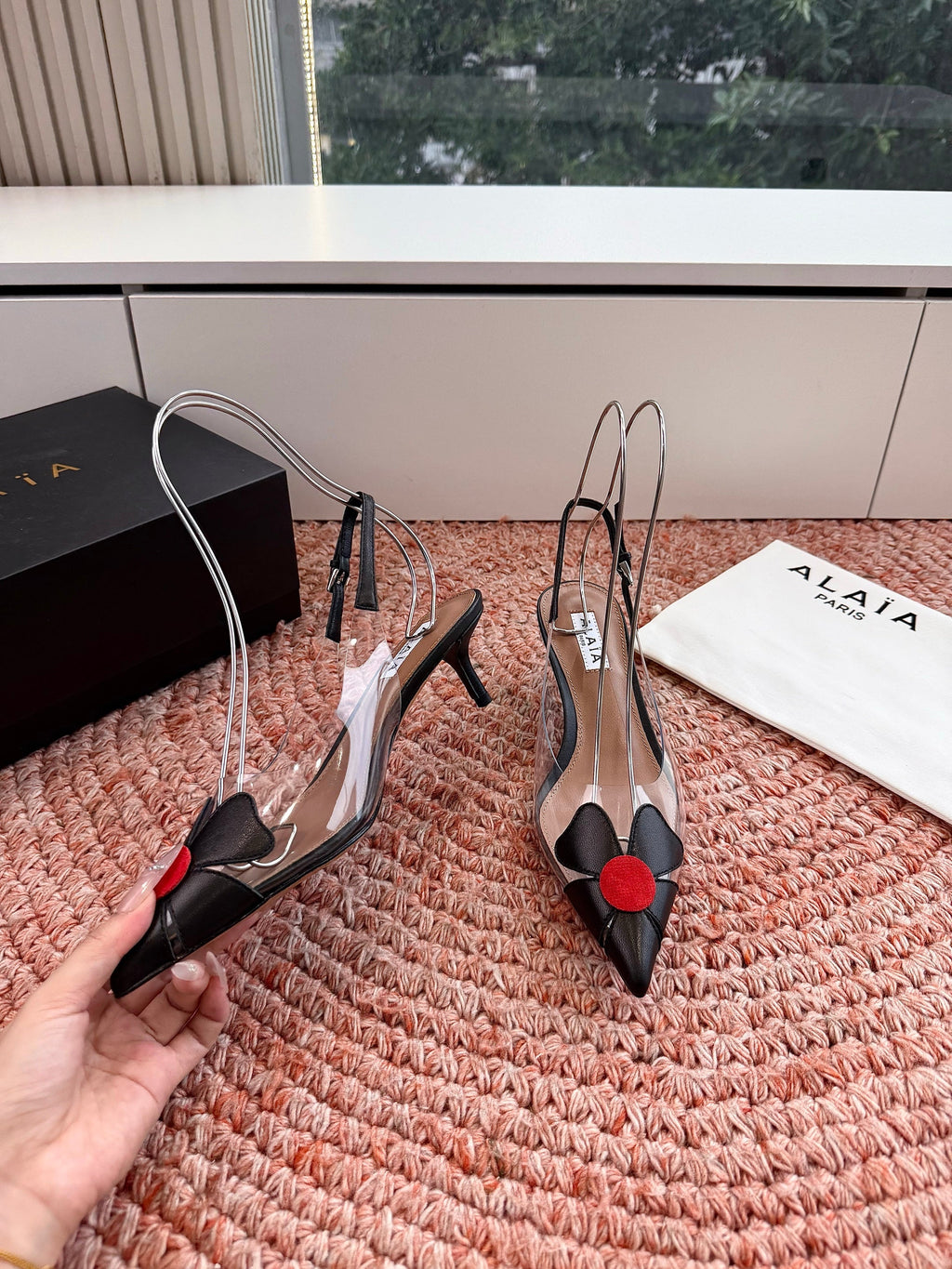 ALAIA 26S SLINGBACK HEELS IN BLACK LAMBSKIN AND TRANSPARENT PVC