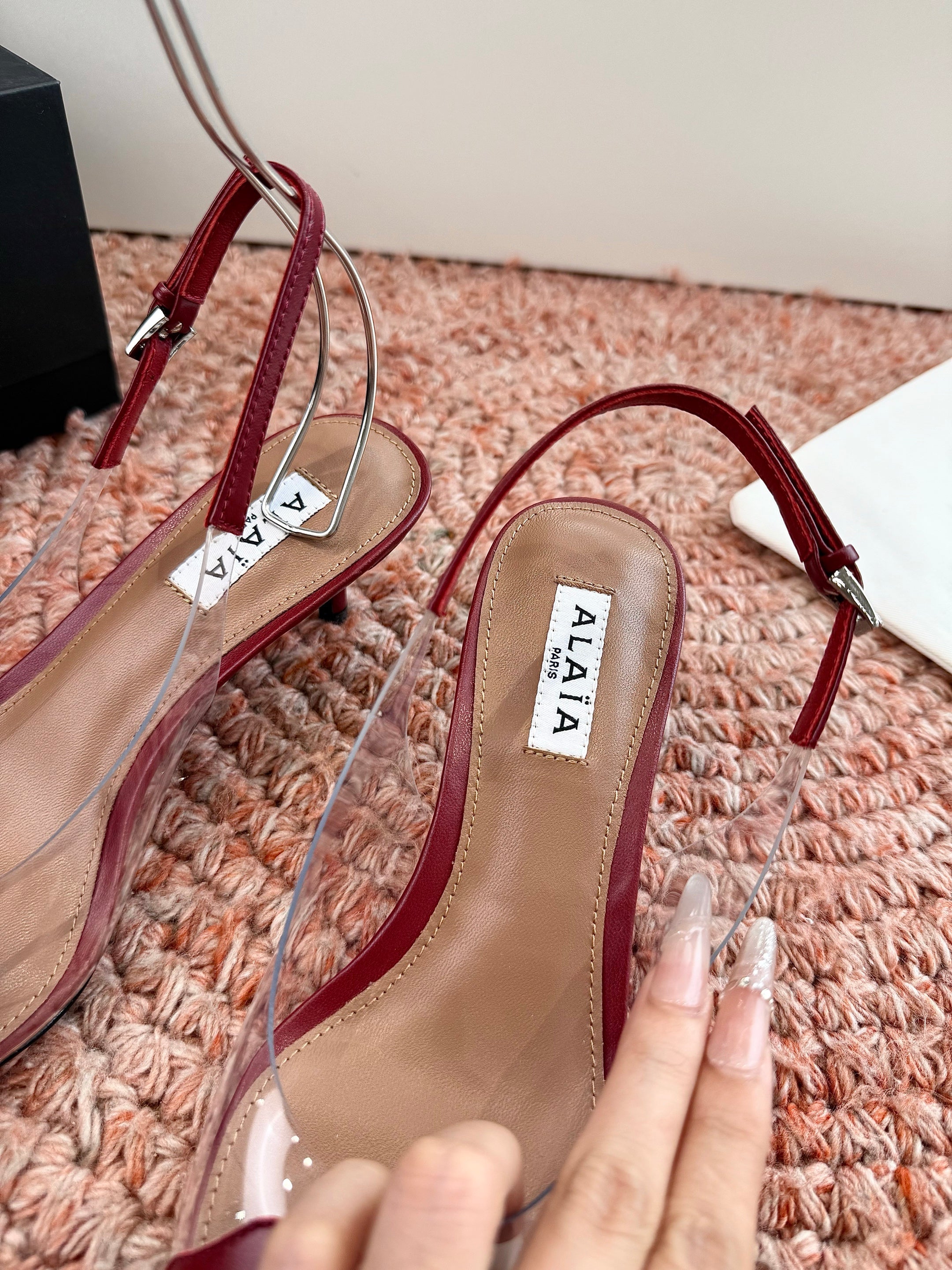 ALAIA 26S SLINGBACK HEELS IN DARK RED LAMBSKIN AND TRANSPARENT PVC