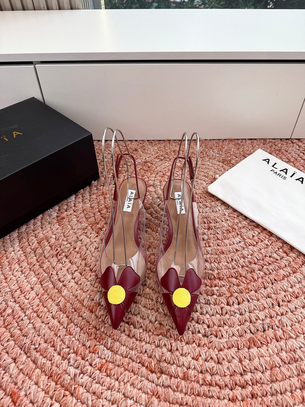 ALAIA 26S SLINGBACK HEELS IN DARK RED LAMBSKIN AND TRANSPARENT PVC