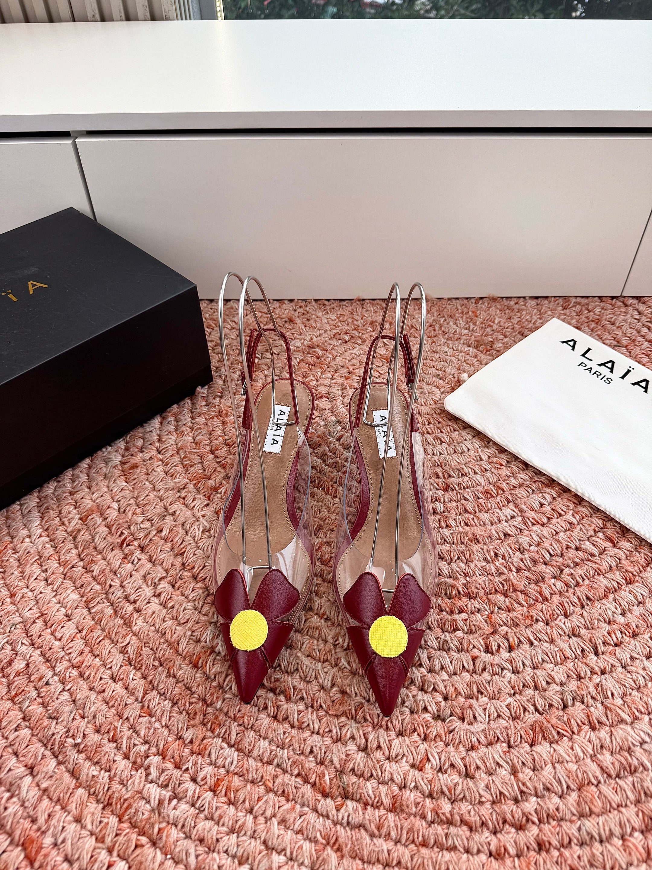 ALAIA 26S SLINGBACK HEELS IN DARK RED LAMBSKIN AND TRANSPARENT PVC