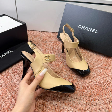 CHANEL 26S SQUARE TOE HIGH HEELS SLINGBACKS IN BEIGE LAMBSKIN WITH BLACK TOE