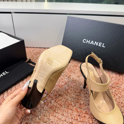 CHANEL 26S SQUARE TOE HIGH HEELS SLINGBACKS IN BEIGE LAMBSKIN WITH BLACK TOE