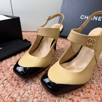 CHANEL 26S SQUARE TOE HIGH HEELS SLINGBACKS IN BEIGE LAMBSKIN WITH BLACK TOE