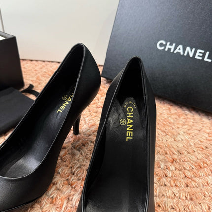 CHANEL 26S SQUARE TOE HIGH HEELS IN BLACK LAMBSKIN