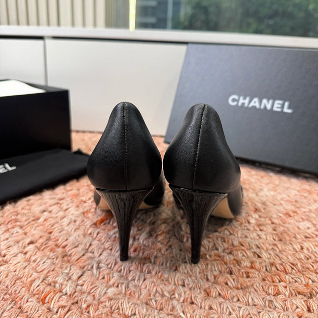 CHANEL 26S SQUARE TOE HIGH HEELS IN BLACK LAMBSKIN