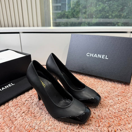 CHANEL 26S SQUARE TOE HIGH HEELS IN BLACK LAMBSKIN