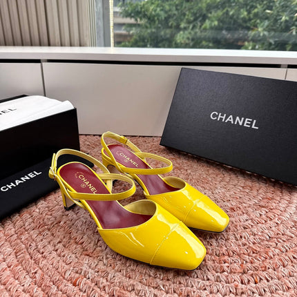 CHANEL 26S SQUARE TOE HIGH HEELS SLINGBACKS IN YELLOW CALFSKIN
