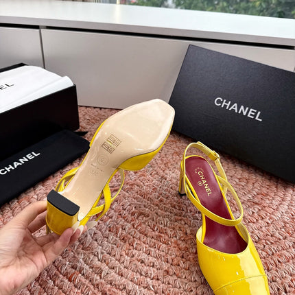 CHANEL 26S SQUARE TOE HIGH HEELS SLINGBACKS IN YELLOW CALFSKIN