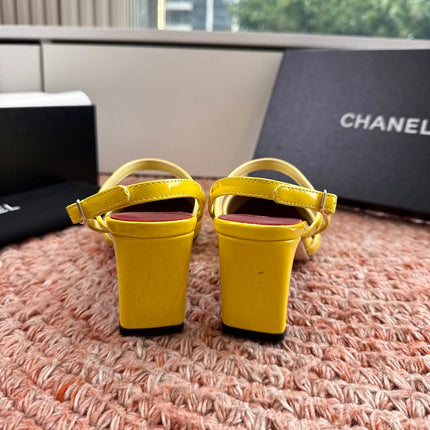 CHANEL 26S SQUARE TOE HIGH HEELS SLINGBACKS IN YELLOW CALFSKIN