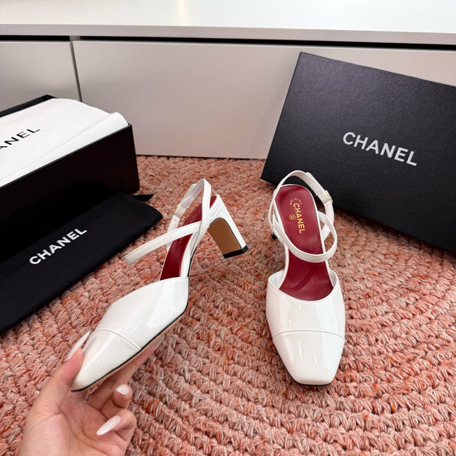 CHANEL 26S SQUARE TOE HIGH HEELS SLINGBACKS IN WHITE CALFSKIN