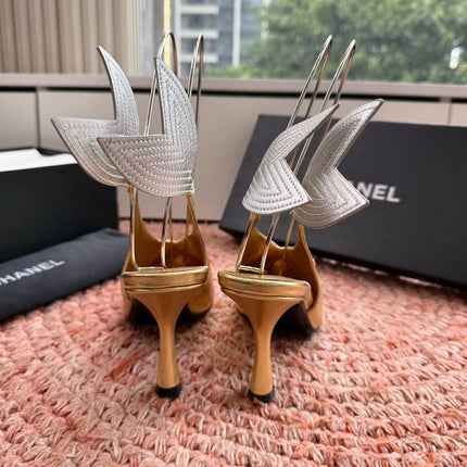 CHANEL 26S POINTED TOE HIGH HEEL SLINGBACKS IN GOLD MIX SILVER LAMBSKIN WITH FLORAL APPLIQUE