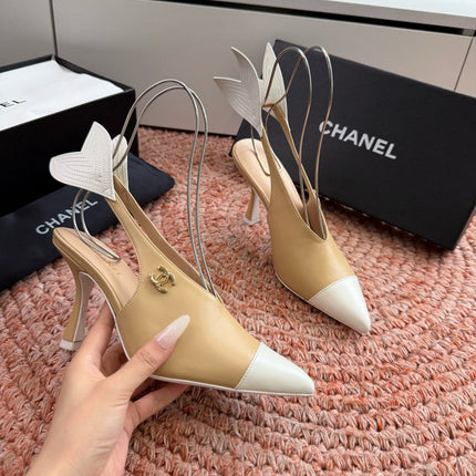 CHANEL 26S POINTED TOE HIGH HEEL SLINGBACKS IN BEIGE AND WHITE LAMBSKIN WITH FLORAL APPLIQUE