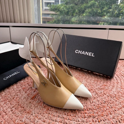 CHANEL 26S POINTED TOE HIGH HEEL SLINGBACKS IN BEIGE AND WHITE LAMBSKIN WITH FLORAL APPLIQUE