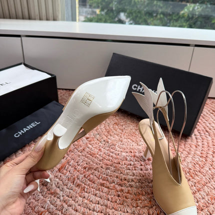 CHANEL 26S POINTED TOE HIGH HEEL SLINGBACKS IN BEIGE AND WHITE LAMBSKIN WITH FLORAL APPLIQUE