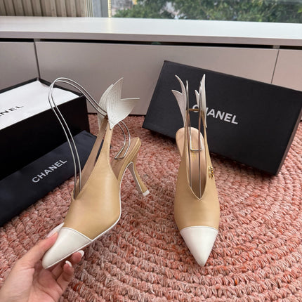 CHANEL 26S POINTED TOE HIGH HEEL SLINGBACKS IN BEIGE AND WHITE LAMBSKIN WITH FLORAL APPLIQUE