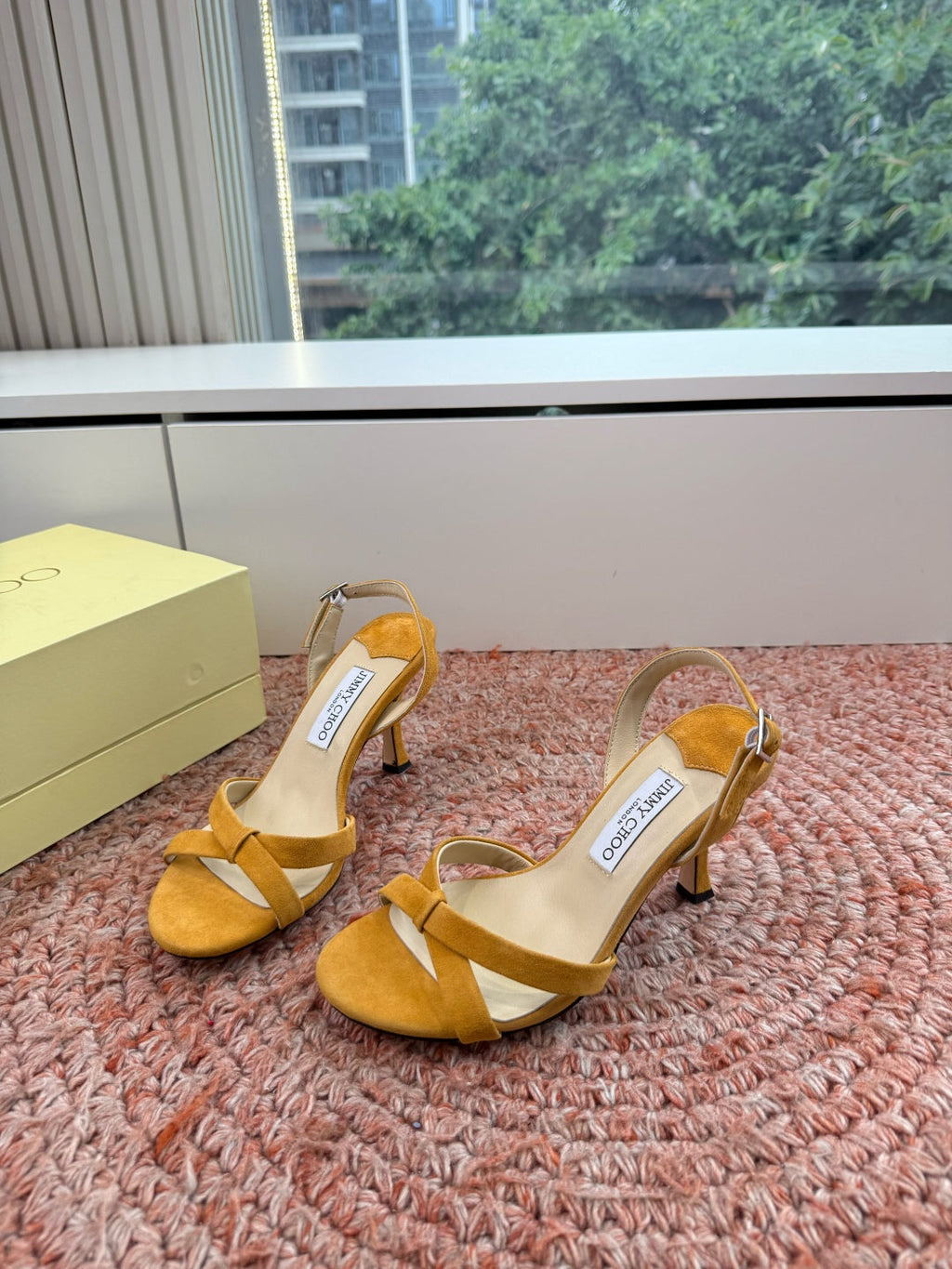 JIMMY CHOO 26S CROSS-STRAP HIGH-HEEL SANDALS IN MUSTARD YELLOW SUEDE