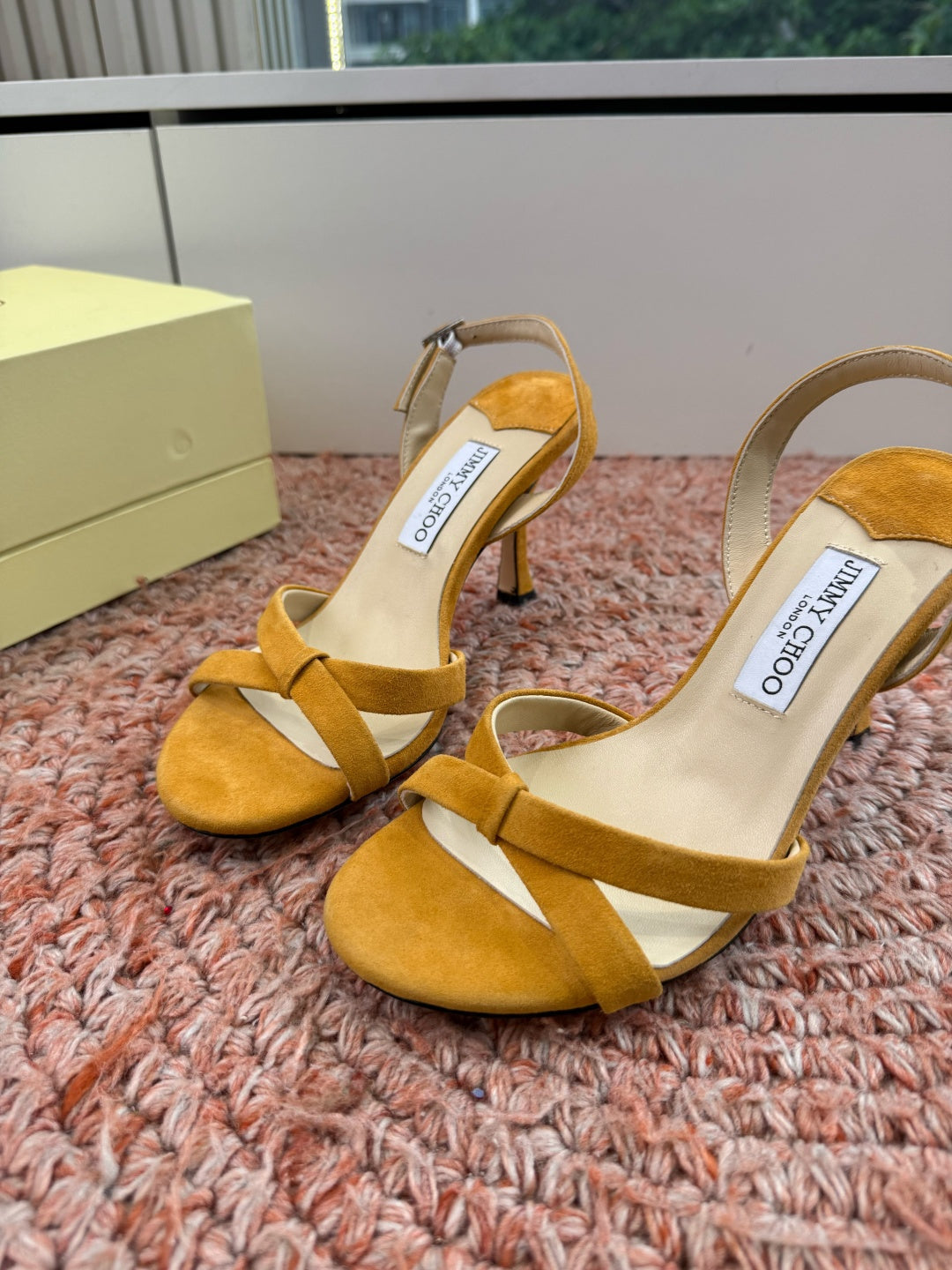 JIMMY CHOO 26S CROSS-STRAP HIGH-HEEL SANDALS IN MUSTARD YELLOW SUEDE