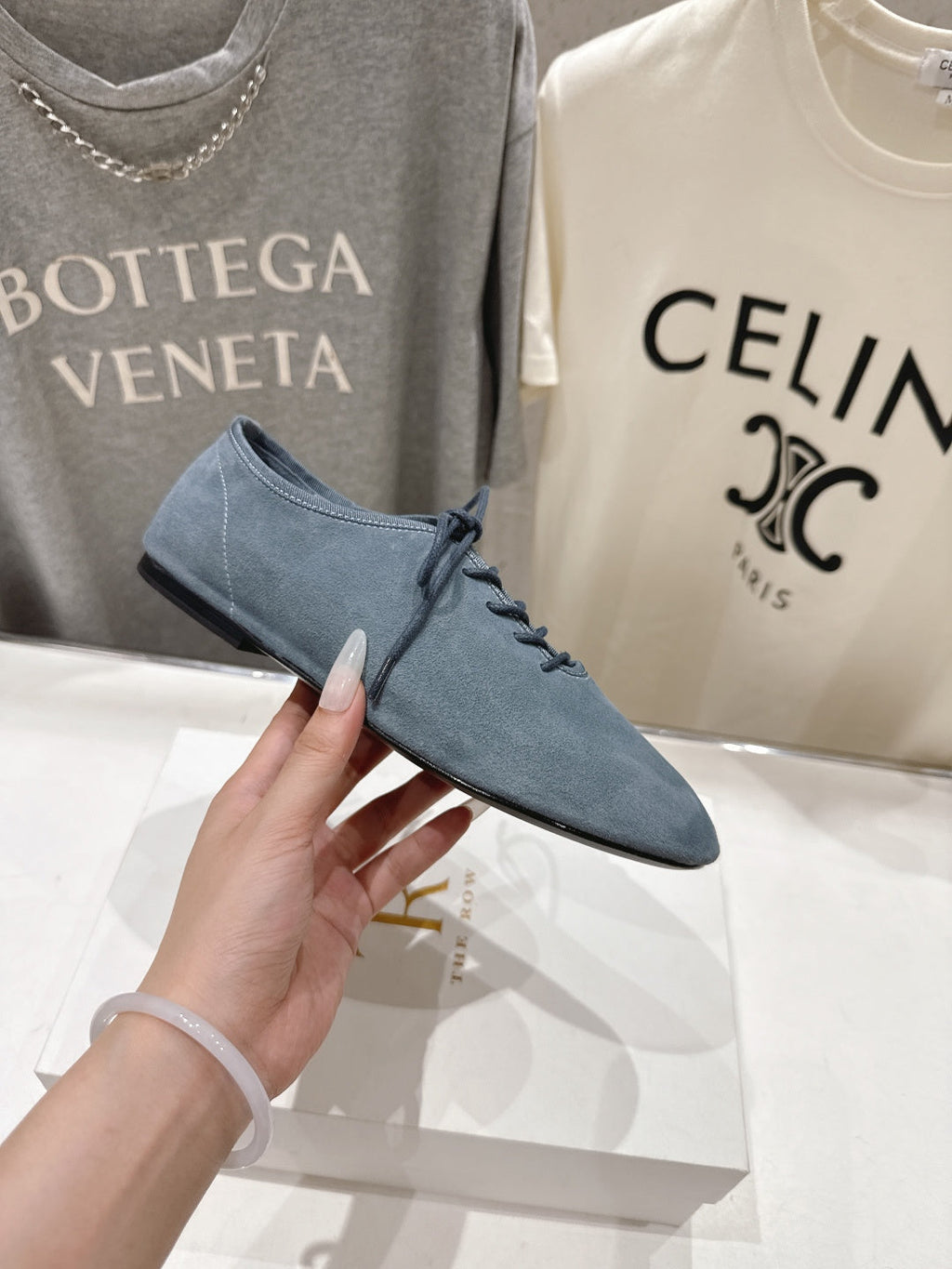THE ROW 26S MINIMAL LACE-UP SHOES IN SLATE BLUE SUEDE