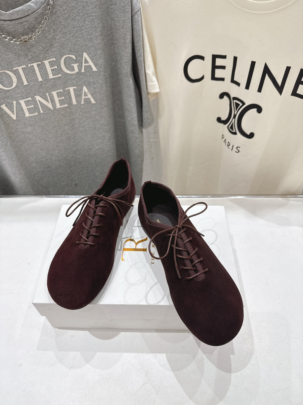 THE ROW 26S MINIMAL LACE-UP SHOES IN DARK BROWN SUEDE