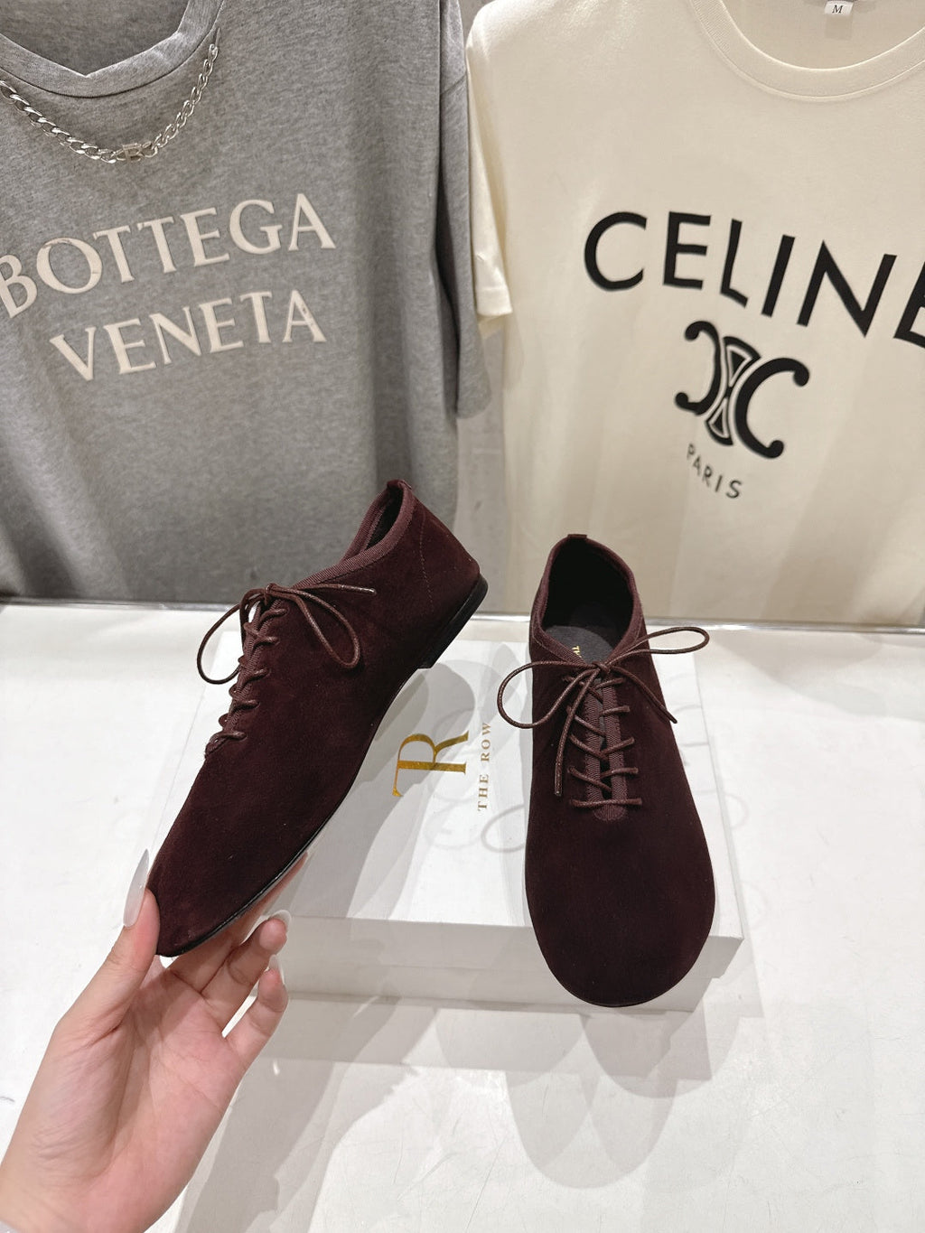 THE ROW 26S MINIMAL LACE-UP SHOES IN DARK BROWN SUEDE