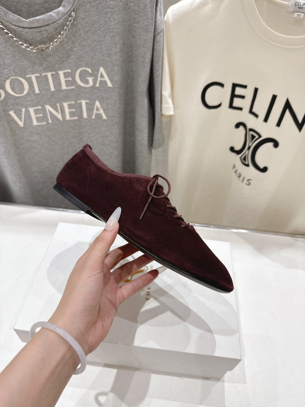 THE ROW 26S MINIMAL LACE-UP SHOES IN DARK BROWN SUEDE