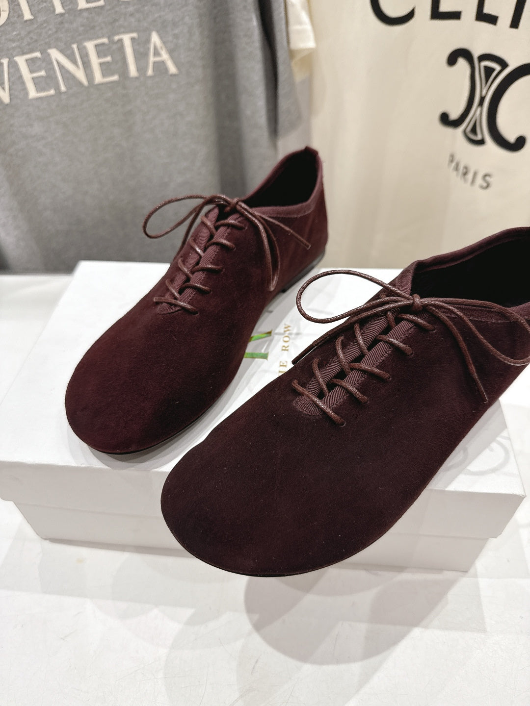 THE ROW 26S MINIMAL LACE-UP SHOES IN DARK BROWN SUEDE