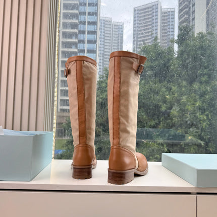 PRADA 26S BIKER BOOTS IN BEIGE CANVAS AND COGNAC BROWN CALFSKIN