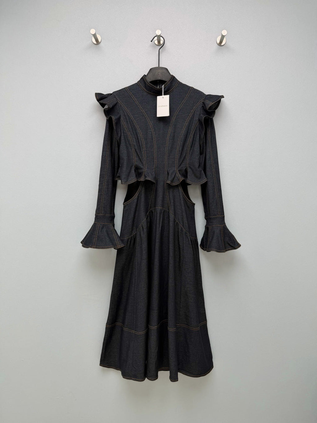 ZIMMERMANN 26S RUFFLED DENIM CUT-OUT MIDI DRESS STYLE 69