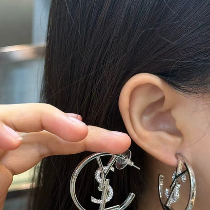YSL 26S CRYSTAL LOGO HOOP EARRINGS IN SILVER TONE METAL 629137