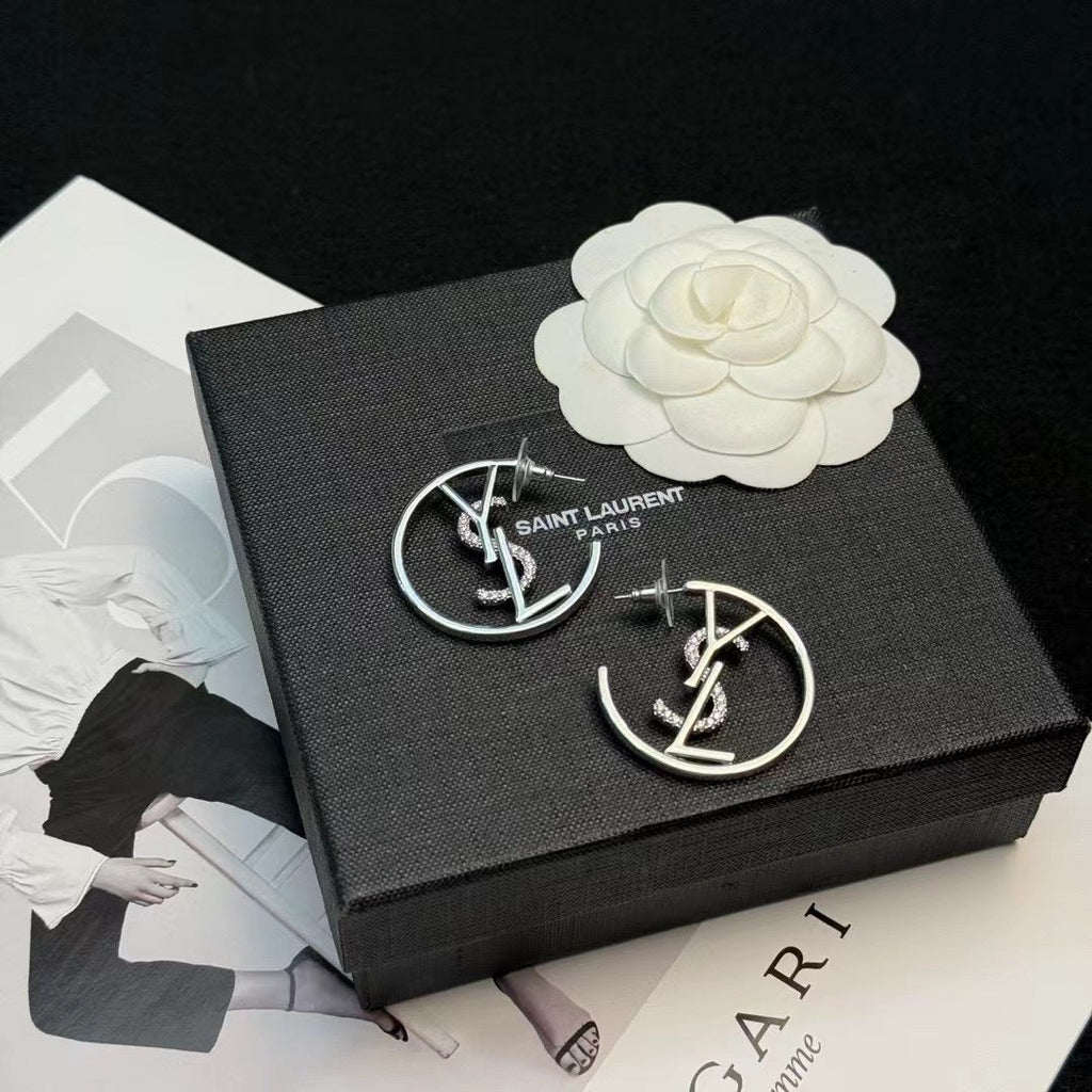 YSL 26S CRYSTAL LOGO HOOP EARRINGS IN SILVER TONE METAL 629137
