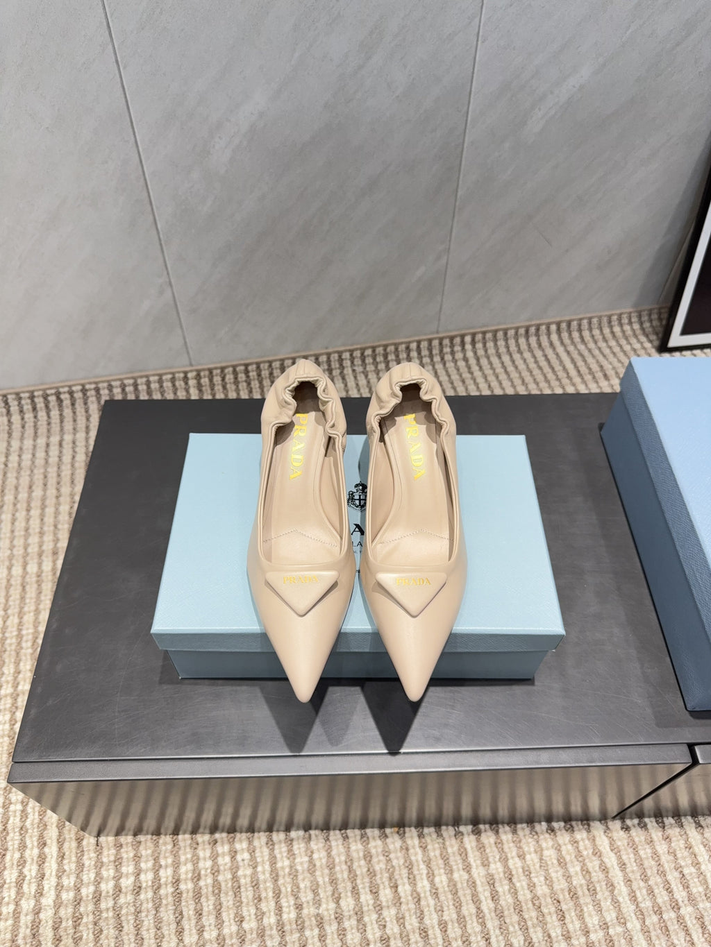 PRADA 26S POINTED TOE PUMPS 55MM IN NUDE SHEEPSKIN WITH LOGO