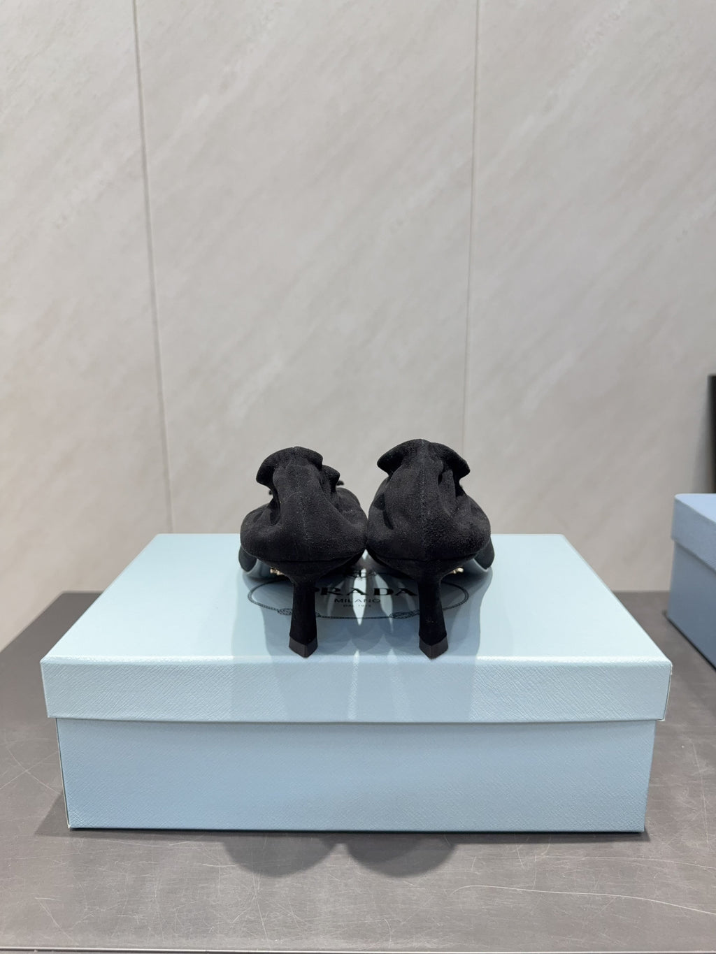 PRADA 26S PUMPS 55MM IN BLACK SUEDE WITH LOGO