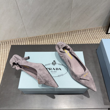 PRADA 26S PUMPS 55MM IN TAUPE BROWN SUEDE WITH LOGO