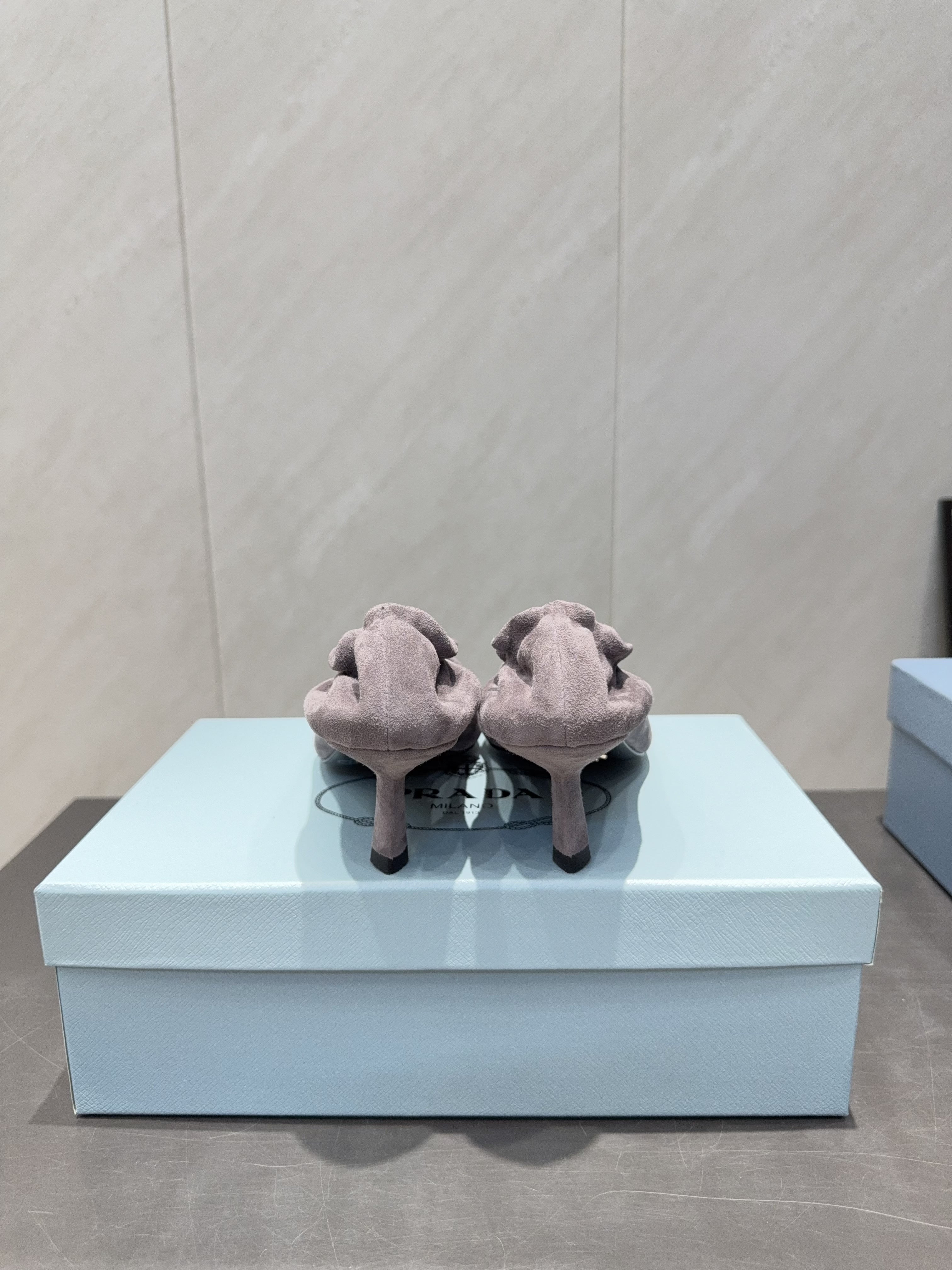 PRADA 26S PUMPS 55MM IN TAUPE BROWN SUEDE WITH LOGO