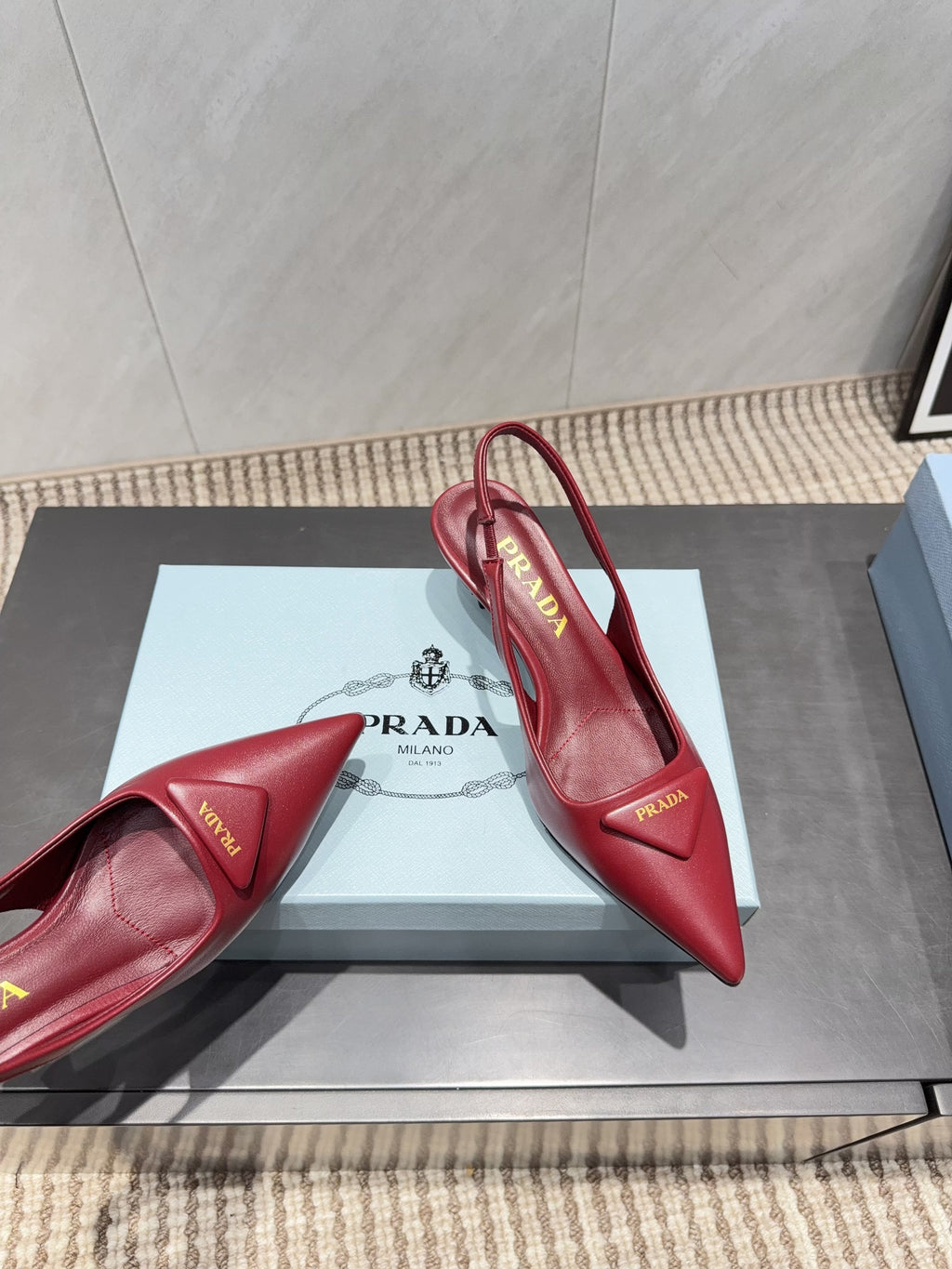 PRADA 26S POINTED TOE SLINGBACK HIGH HEELS 55MM IN DEEP WINE RED SHEEPSKIN WITH LOGO
