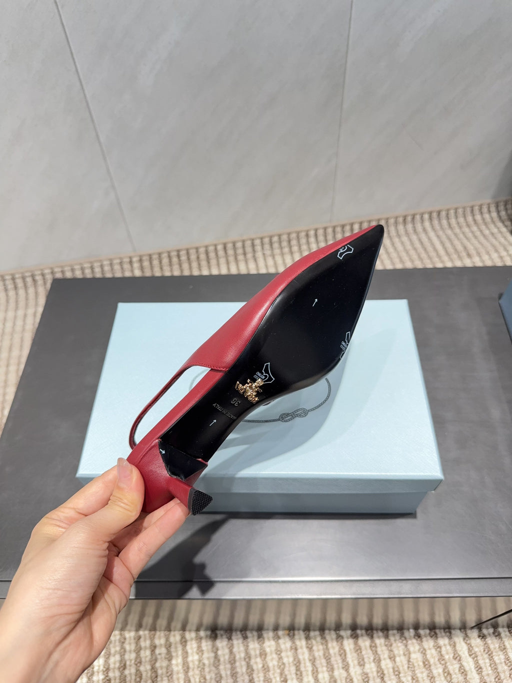 PRADA 26S POINTED TOE SLINGBACK HIGH HEELS 55MM IN DEEP WINE RED SHEEPSKIN WITH LOGO