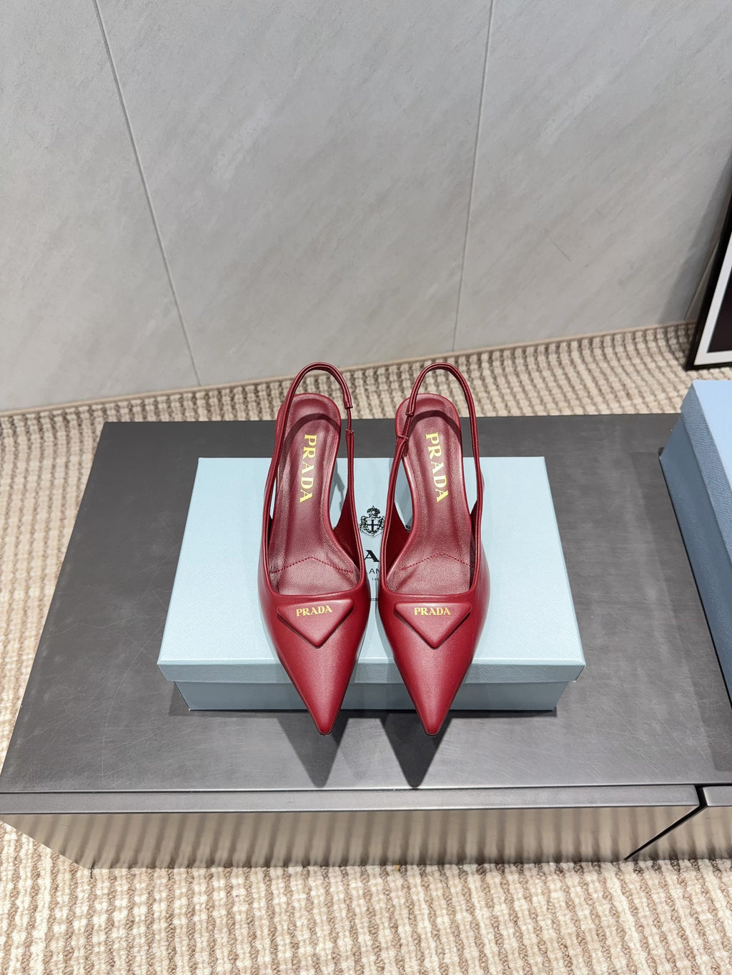 PRADA 26S POINTED TOE SLINGBACK HIGH HEELS 55MM IN DEEP WINE RED SHEEPSKIN WITH LOGO