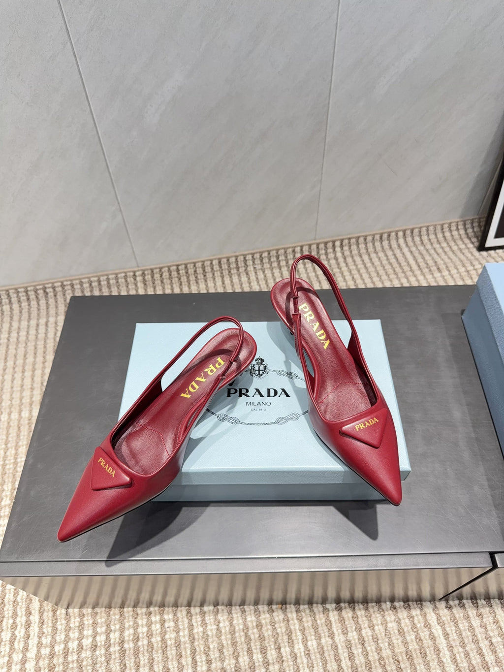 PRADA 26S POINTED TOE SLINGBACK HIGH HEELS 55MM IN DEEP WINE RED SHEEPSKIN WITH LOGO