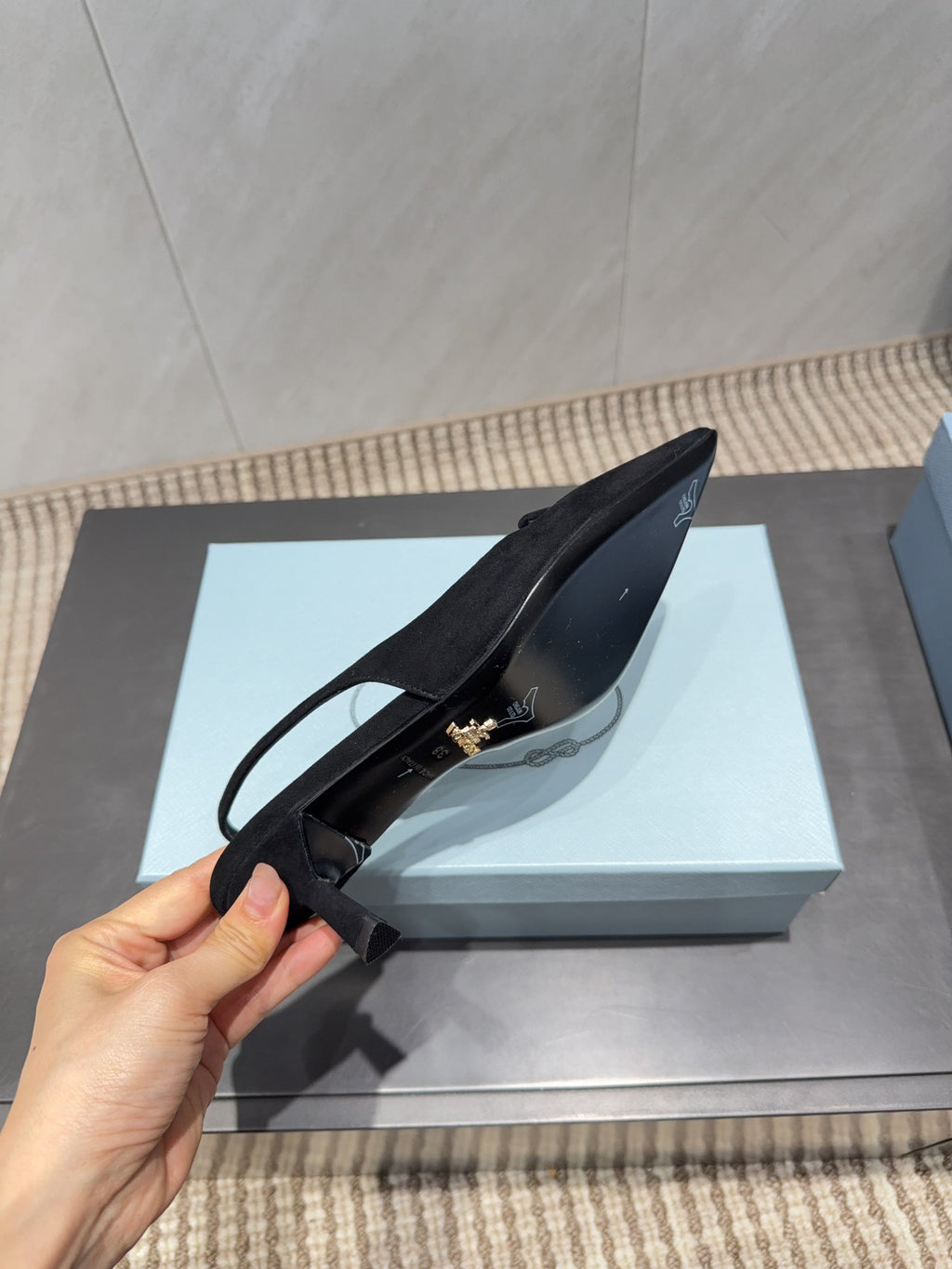 PRADA 26S POINTED TOE SLINGBACK HIGH HEELS 55MM IN BLACK SUEDE WITH LOGO