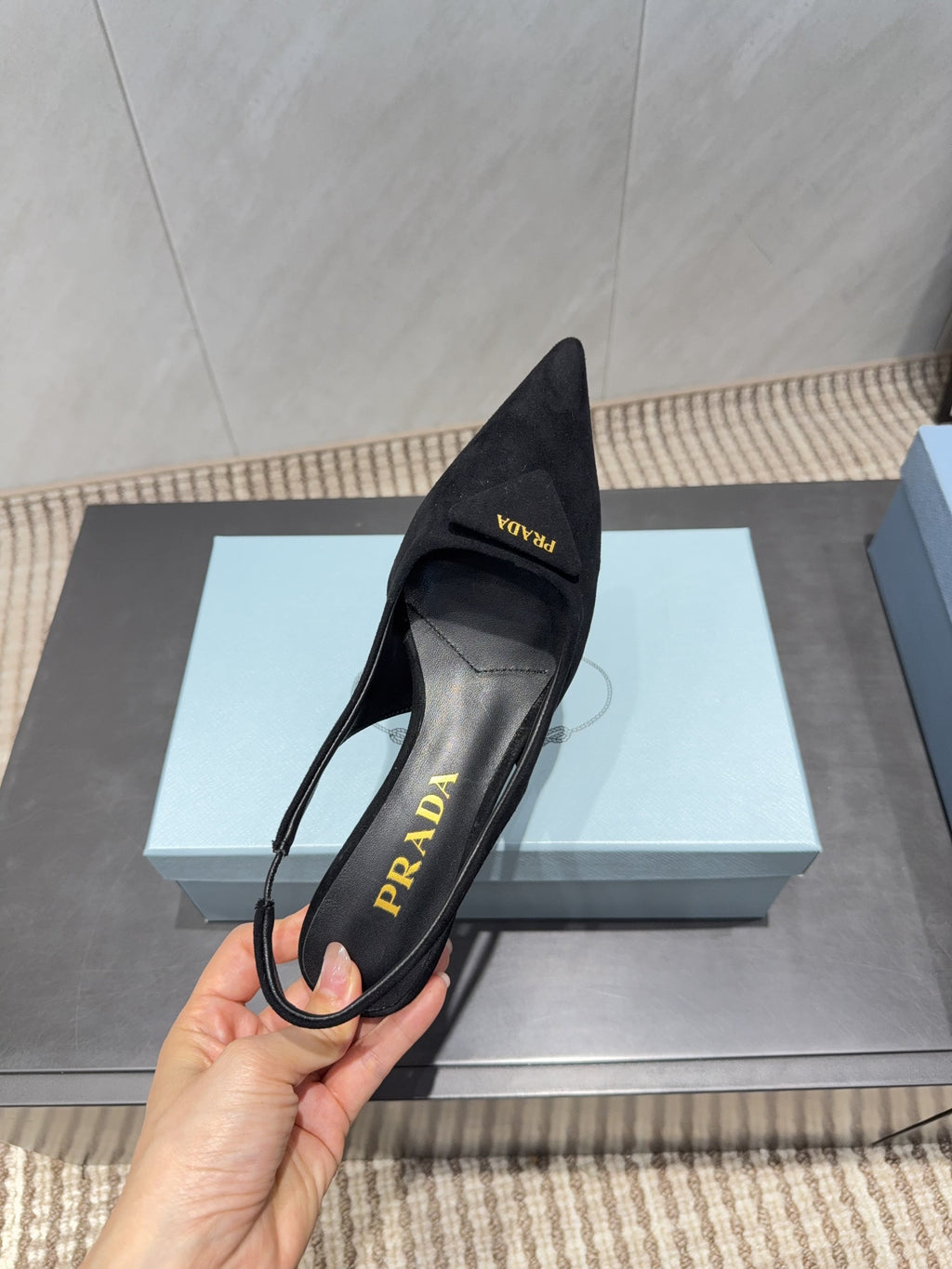 PRADA 26S POINTED TOE SLINGBACK HIGH HEELS 55MM IN BLACK SUEDE WITH LOGO