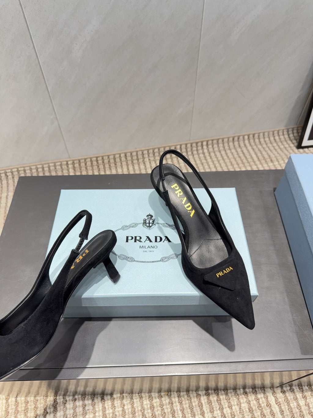 PRADA 26S POINTED TOE SLINGBACK HIGH HEELS 55MM IN BLACK SUEDE WITH LOGO